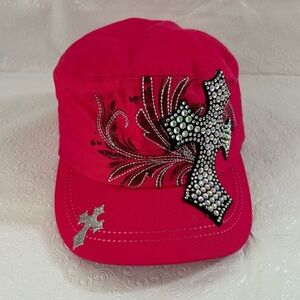 Women’s Kbethos Hat Strapback Pink Distressed Embroidery Beaded Cross Cadet Cap
